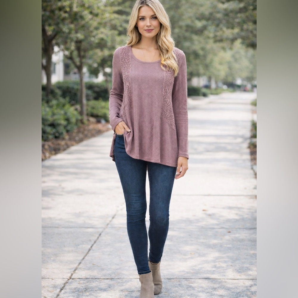 NWT Long sleeve waffle knit with lace trim Dusty Rose Womens Sz M $68 - Picture 3 of 12